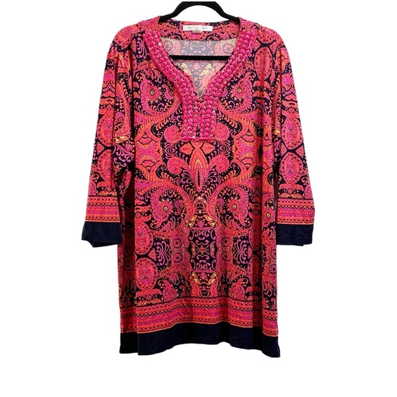 Peter Nygard 3/4 sleeve pink magenta orange beaded paisley with navy blue trim - Picture 9 of 11
